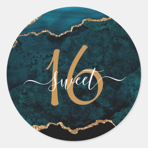 Chic Teal Gold Glitter Agate Sweet 16 Classic Round Sticker