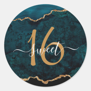 Chic Teal Gold Glitter Agate Sweet 16 Classic Round Sticker