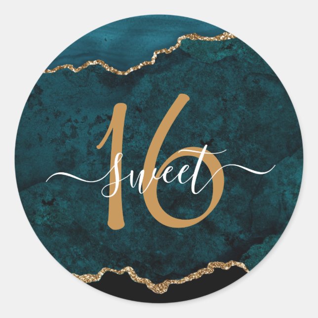 Chic Teal Gold Glitter Agate Sweet 16 Classic Round Sticker (Front)
