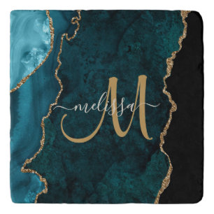 Chic Teal Gold Glitter Custom Monogram Trivet