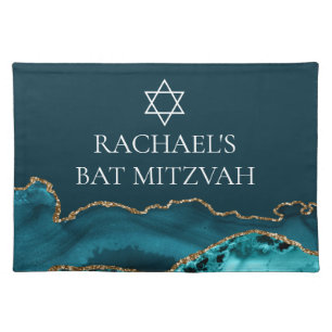 Chic Teal Gold Jewish Bat Mitzvah Party Cloth Placemat
