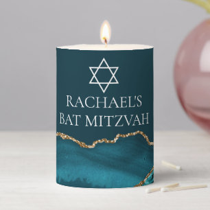 Chic Teal Gold Jewish Bat Mitzvah Party Custom Pillar Candle
