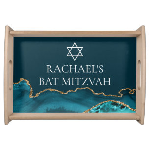 Chic Teal Gold Jewish Bat Mitzvah Party Serving Tray