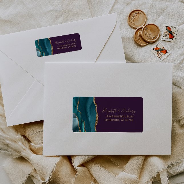 Chic Teal Gold Purple Wedding Return Address Label (Creator Uploaded)