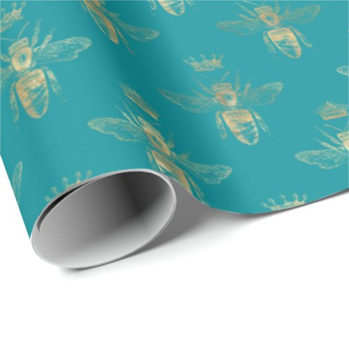 Chic Teal Gold Queen Bee Pattern Wrapping Paper
