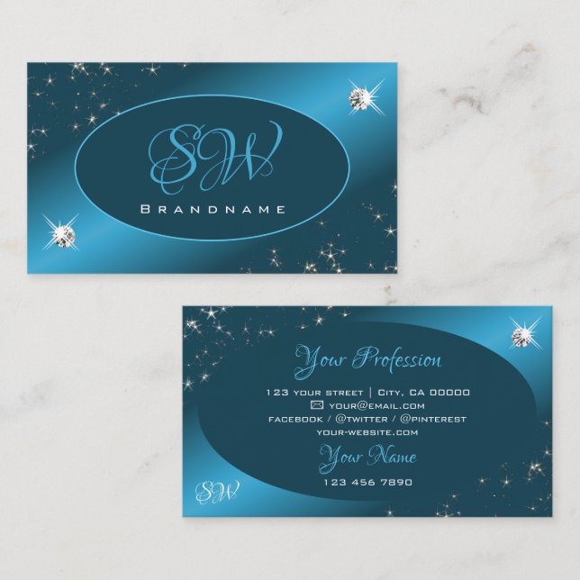 Chic Teal Gradient Glitter Stars Diamonds Initials Business Card (Front/Back)