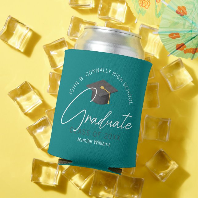 Chic Teal Graduate Custom Graduation Party Can Cooler (In Situ Summer)