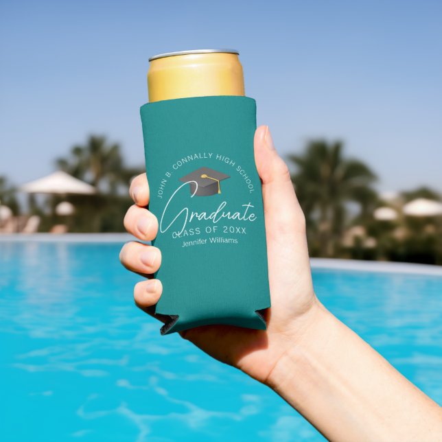 Chic Teal Graduate Custom Graduation Party Seltzer Can Cooler (In Situ Pool)