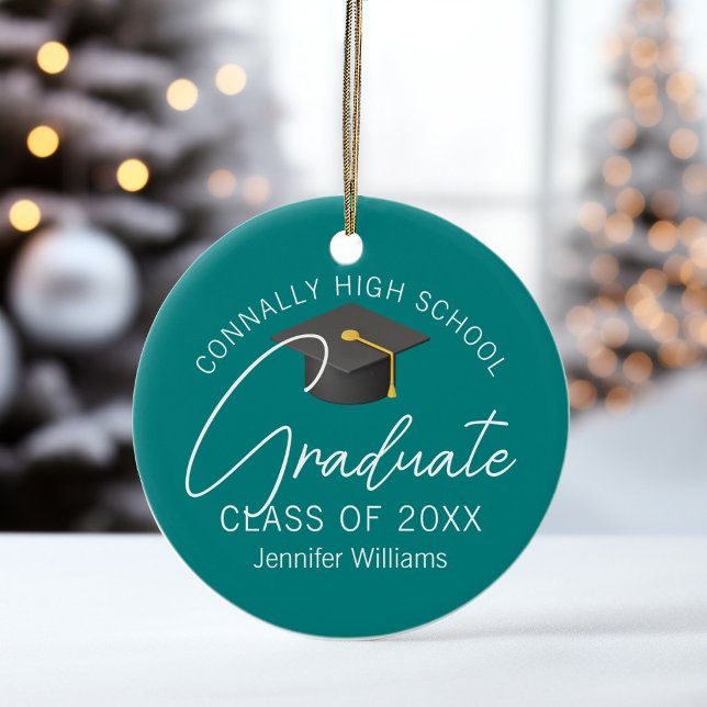 Chic Teal Graduation Photo Personalized Christmas Ceramic Ornament (Creator Uploaded)