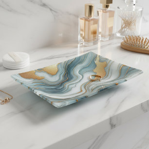 Chic Teal Gray Blue Gold Marble Art Pattern Trinket Tray