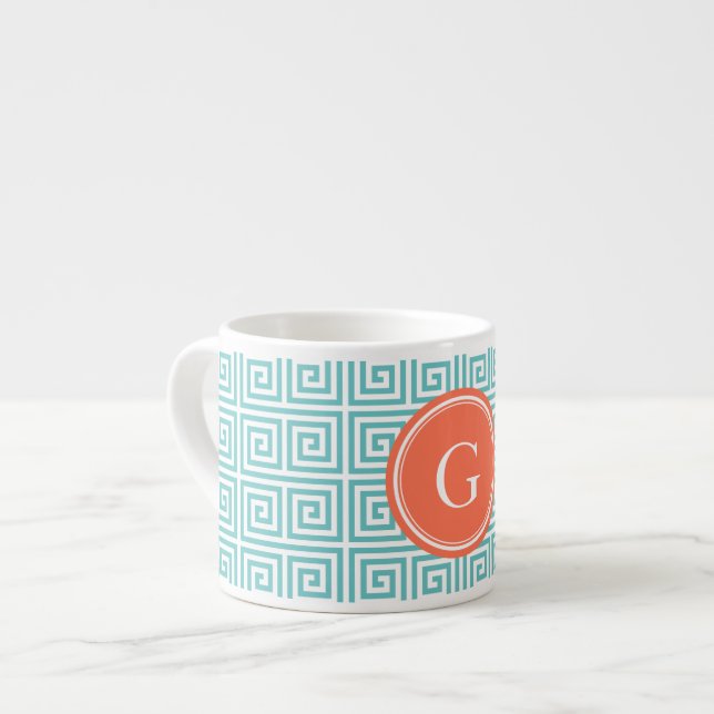 Chic teal greek key geometric patterns monogram espresso cup (Front Left)