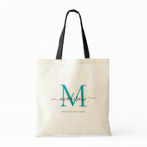 Chic Teal Green Black Monogram Initial Script Name Tote Bag