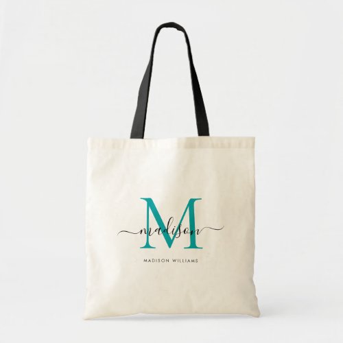 Chic Teal Green Black Monogram Initial Script Name Tote Bag