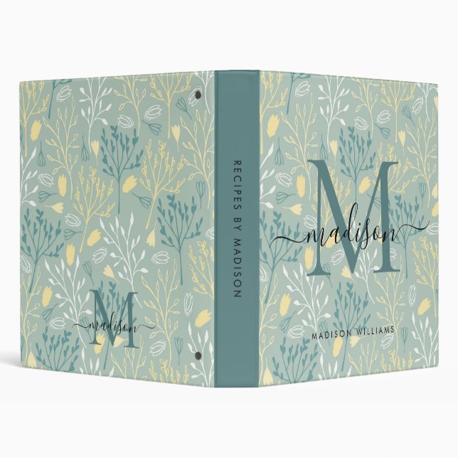 Chic Teal Green Botanical Leaves Monogram Recipe 3 Ring Binder (Background)