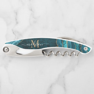 Chic Teal Green Gold Glitter Agate Geode Monogram Waiter's Corkscrew