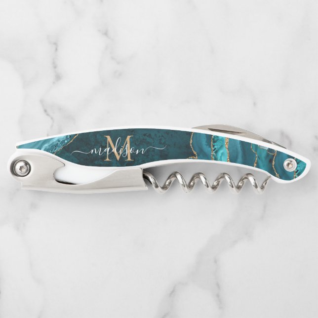 Chic Teal Green Gold Glitter Agate Geode Monogram Waiter's Corkscrew (Front)