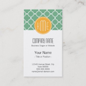 Chic Teal Green Quatrefoil With Yellow Monogram Business Card by ZeraDesign at Zazzle