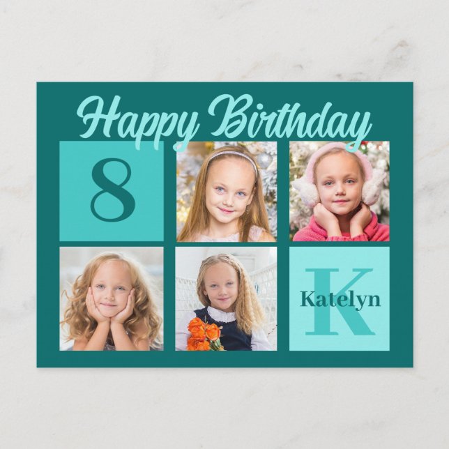 Chic Teal Happy Birthday Custom Photo Collage Postcard (Front)