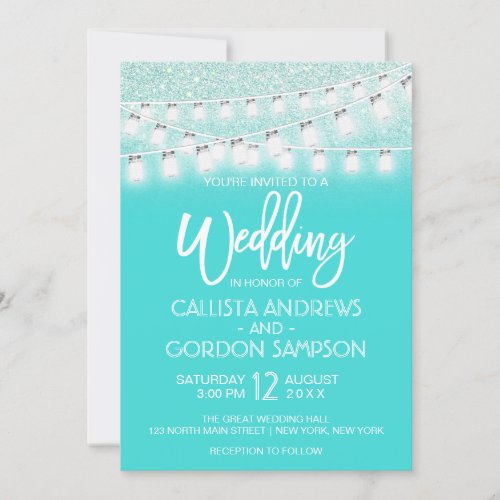 Chic Teal Mason Jar String Lights Glitter Wedding Invitation