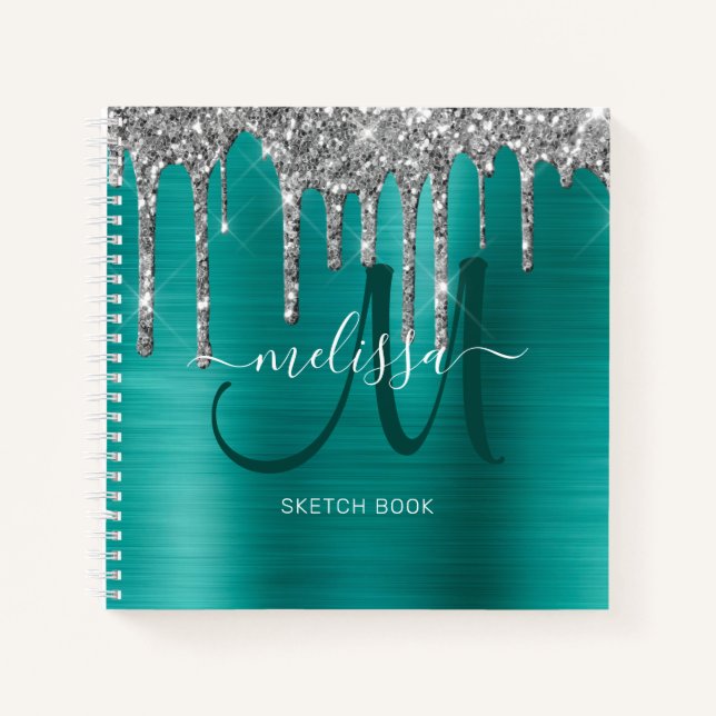  Chic Teal Metallic Silver Glitter Drips Sketch Notebook (Front)