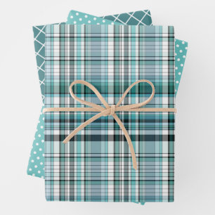 Chic Teal Mint Winter Blue Green Plaid Polkadots Wrapping Paper Sheets
