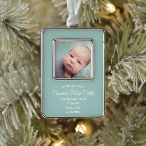 Chic Teal Newborn Baby Photo Birth Stats Keepsake Christmas Ornament