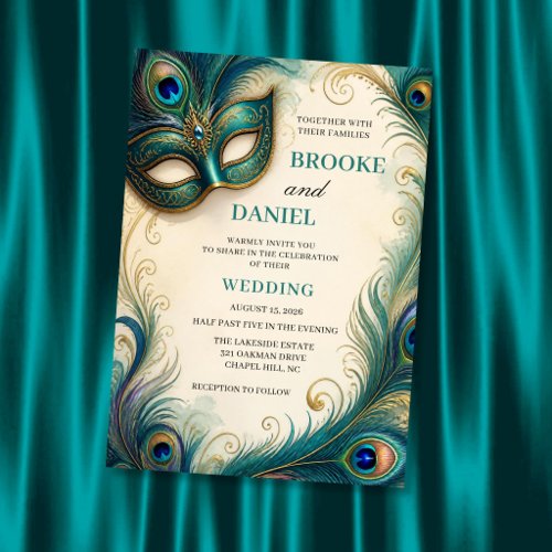 Chic Teal Peacock Feather Masquerade Wedding Invitation