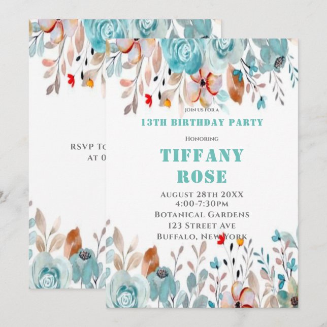 Chic Teal Peony 13th Birthday Party Invites  (Front/Back)