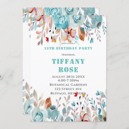 Chic Teal Peony 13th Birthday Party Invites 