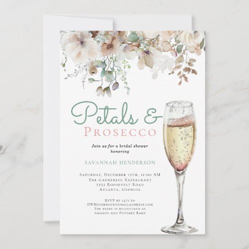 Chic Teal Petals and Prosecco Floral Bridal Shower Invitation