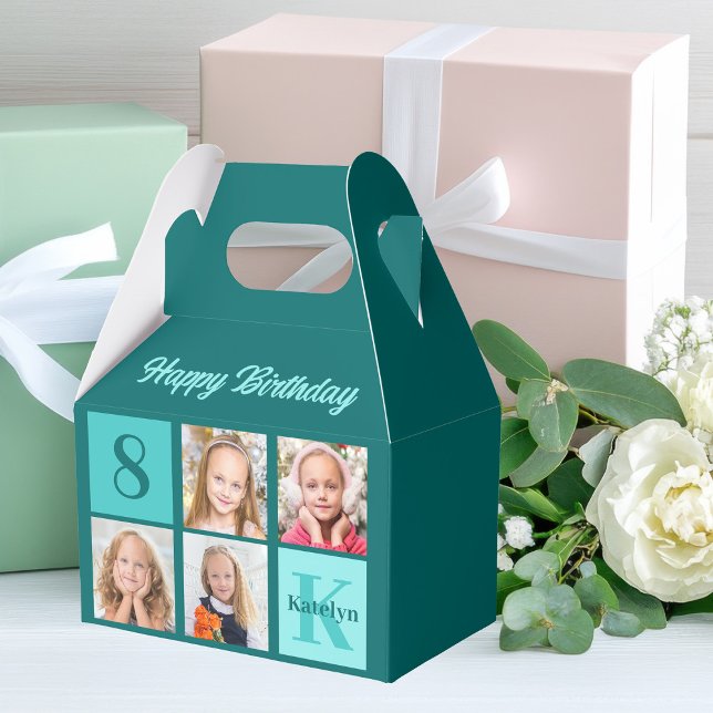 Chic Teal Photo Collage Custom Birthday Party Favor Boxes (Creator Uploaded)
