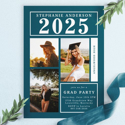 Chic Teal Photo Collage Graduation Party Invitation