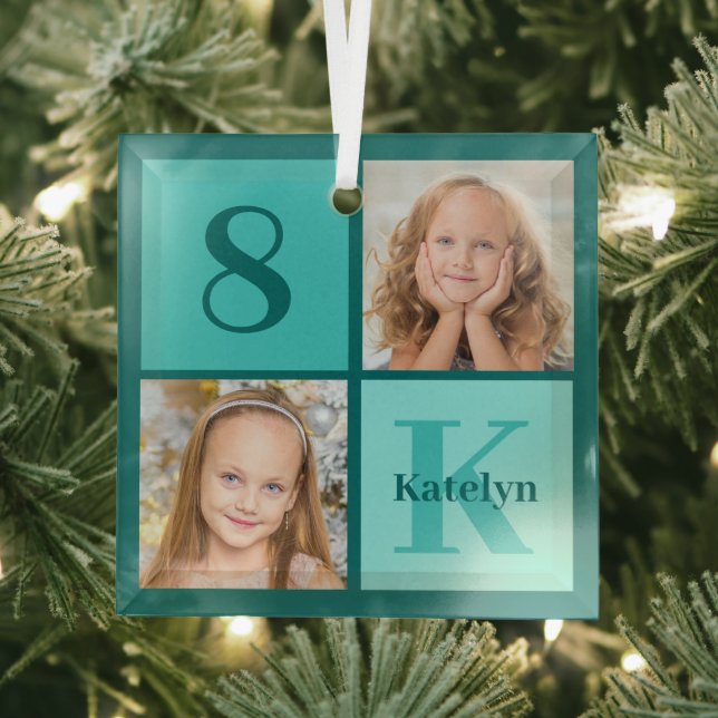 Chic Teal Photo Collage Personalized Christmas Glass Ornament (Insitu)