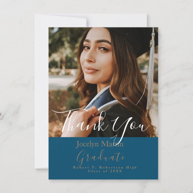 Chic Teal Photo Script Graduate Thank you Card (Front)