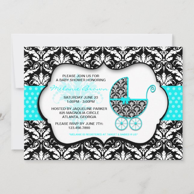 Chic Teal Polka Dot Damask Baby Shower Invite (Front)