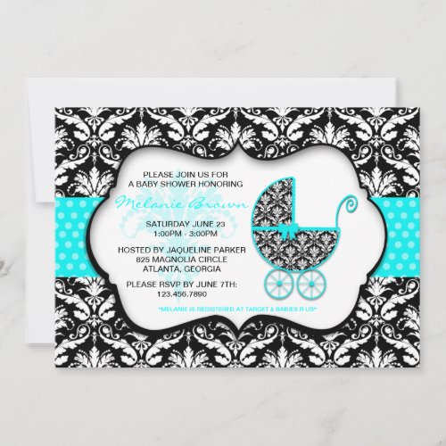 Chic Teal Polka Dot Damask Baby Shower Invite