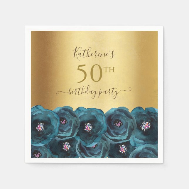Chic Teal Rose Floral Gold 50th Birthday Party Napkins (Front)