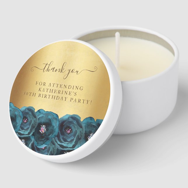 Chic Teal Rose Gold 50th Birthday Party Thank You Mini Candle Favors (Corner)