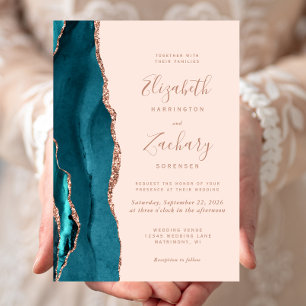 Chic Teal Rose Gold Agate Blush Pink Wedding Invitation