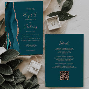 Chic Teal Rose Gold Agate QR Code Wedding Invitation