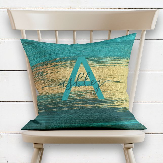 Chic Teal & Rose Gold Foil Name Monogram Throw Pillow (Creator Uploaded)