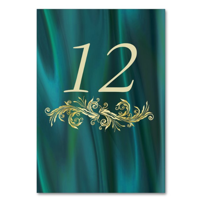 Chic Teal Satin Look Wedding Table Number Card (Front)