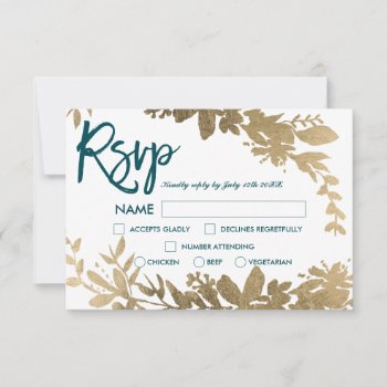 Chic Teal Script Floral Gold Leaf Rsvp Wedding Invitation by girly_trend at Zazzle