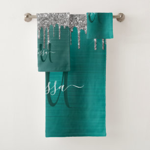 Chic Teal Silver Dripping Glitter Monogram Name Bath Towel Set