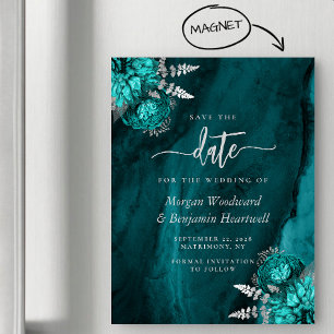 Chic Teal Silver Floral Wedding Save the Date Magnetic Invitation