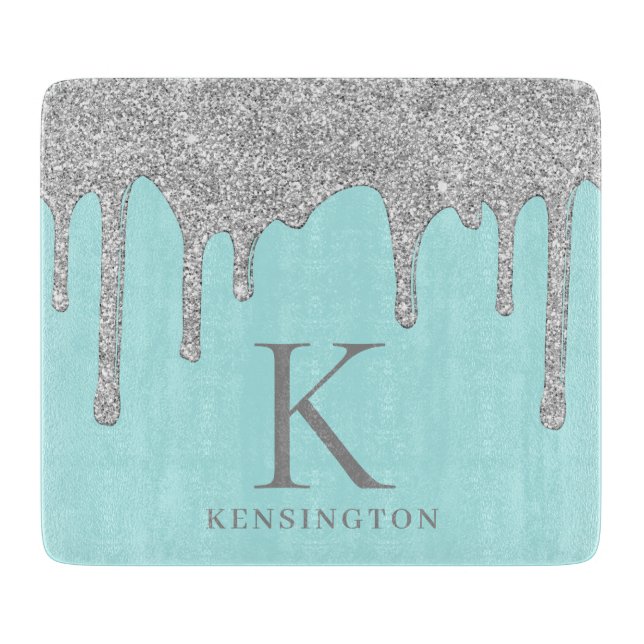 Chic Teal Silver Sparkle Glitter Drips Monogram Cutting Board (Front)