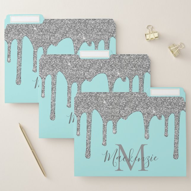 Chic Teal Silver Sparkle Glitter Drips Monogram File Folder (Set)
