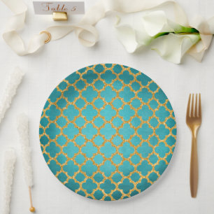 Chic Teal Turquoise Moroccan Quatrefoil Pattern Paper Plates