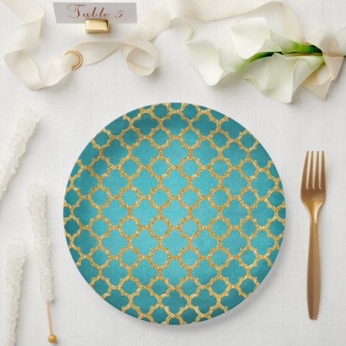 Chic Teal Turquoise Moroccan Quatrefoil Pattern Paper Plates