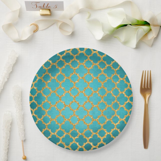 Chic Teal Turquoise Moroccan Quatrefoil Pattern Paper Plates (Wedding)